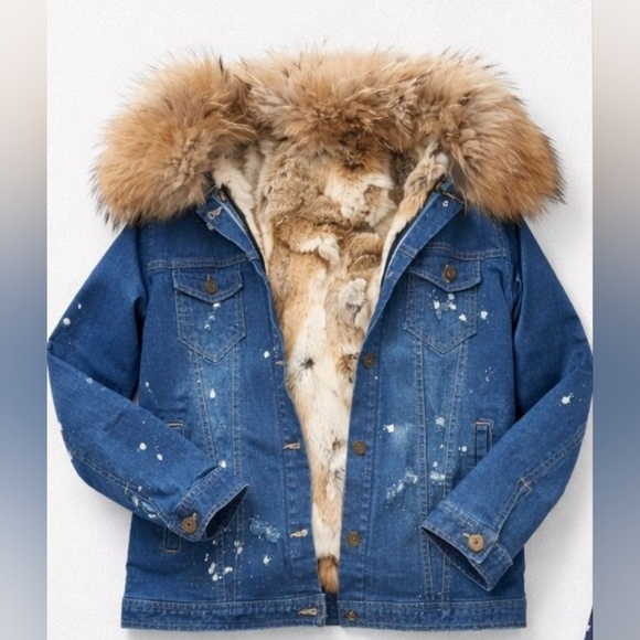 Women's Denim Paint Splatter Jacket With Racoon Fur Collar &Rabbit Fur Lining